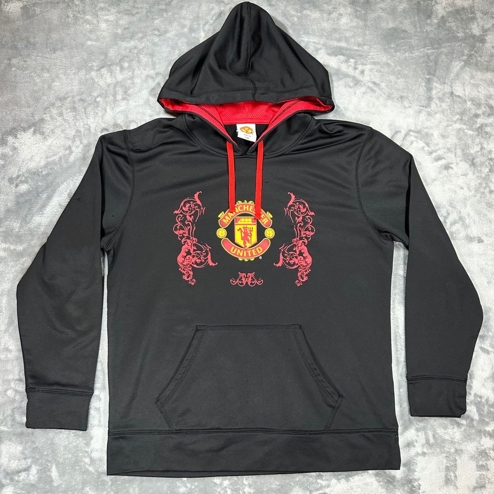 Manchester United Hoodie Mens Large Black Red Soccer Pullover Official